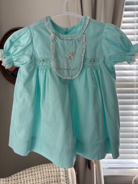 Vintage Smocked Baby/Toddler Dress with Lamb Embroidery - Aqua Baby Girl 9 Month